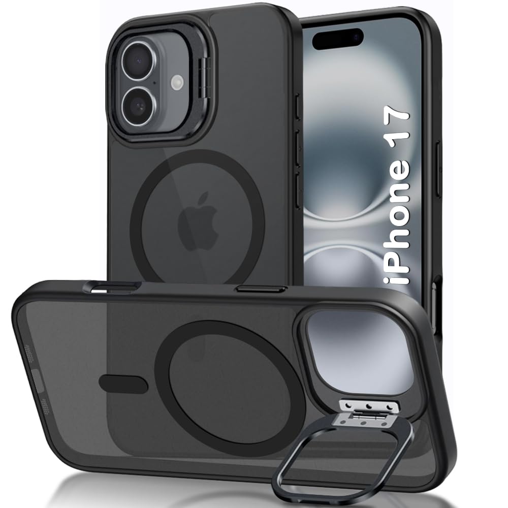 Atrakx Hybrid Matte Frosted Back Cover Case for iPhone 17 Compatible with MagSafe, Built-in Stand, Shockproof, PC & TPU, Translucent Black