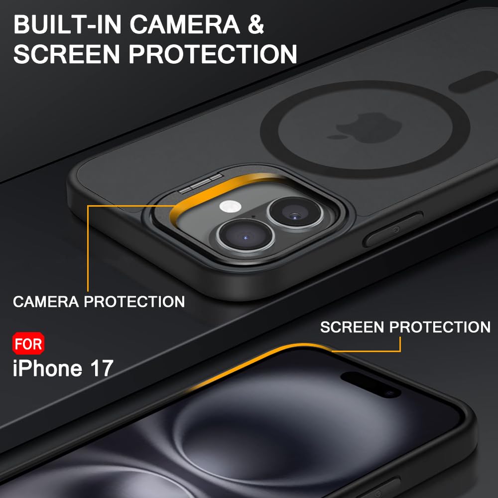 Atrakx Hybrid Matte Frosted Back Cover Case for iPhone 17 Compatible with MagSafe, Built-in Stand, Shockproof, PC & TPU, Translucent Black