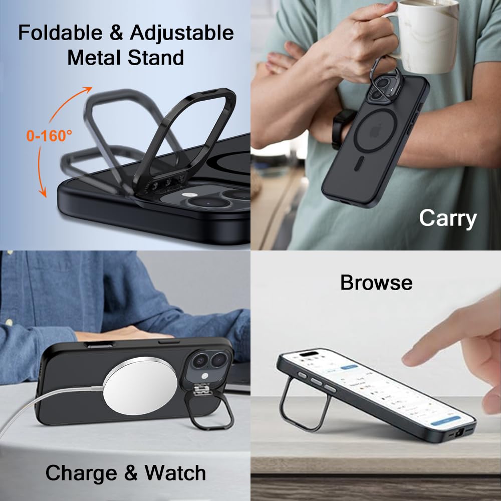 Atrakx Hybrid Matte Frosted Back Cover Case for iPhone 17 Compatible with MagSafe, Built-in Stand, Shockproof, PC & TPU, Translucent Black