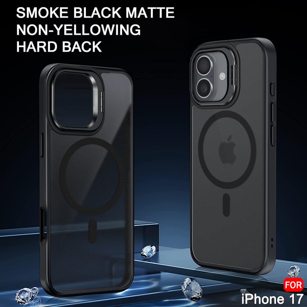 Atrakx Hybrid Matte Frosted Back Cover Case for iPhone 17 Compatible with MagSafe, Built-in Stand, Shockproof, PC & TPU, Translucent Black