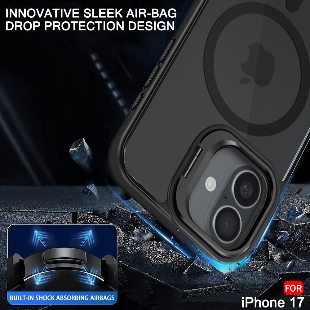 Atrakx Hybrid Matte Frosted Back Cover Case for iPhone 17 Compatible with MagSafe, Built-in Stand, Shockproof, PC & TPU, Translucent Black